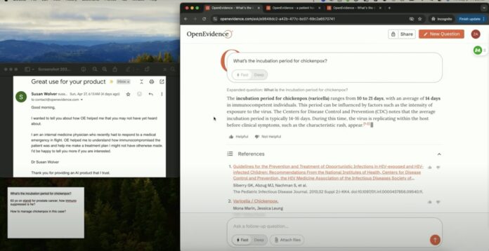 Screenshot of a demo presentation of OpenEvidence, an AI diagnosis engine.