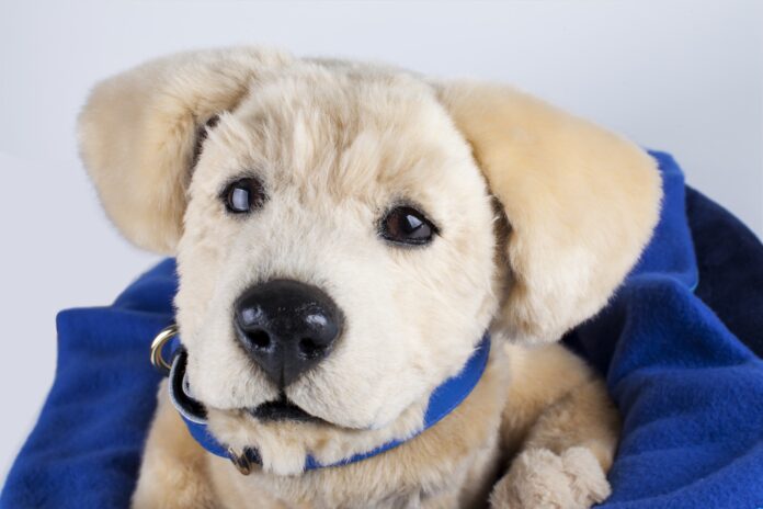 Tombot's robot dog companion Jennie sits on a pillow and can react to touch.