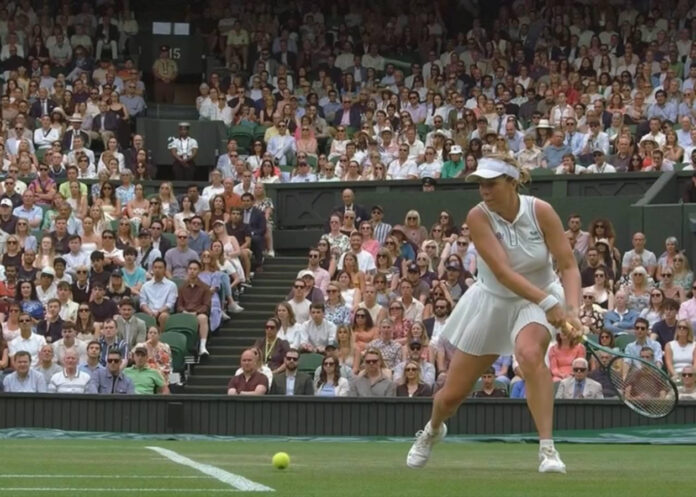 Anastasia Pavlyuchenkova playing tennis at Wimbledon in London in 2025.