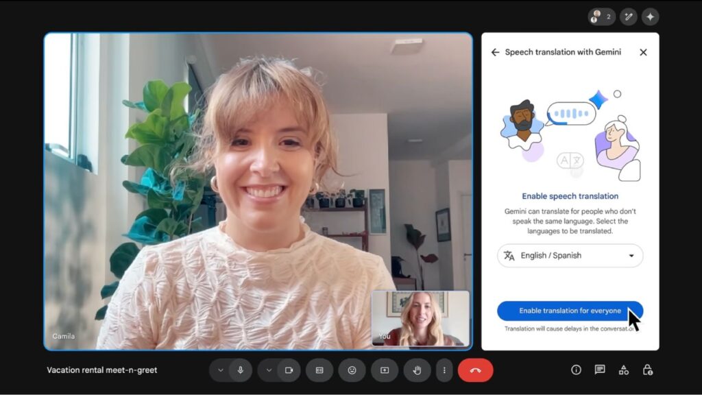 Google Meet's AI-powered speech translation feature with Gemini includes a real-time language translation setup for video calls.
