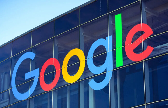 Google logo outside headquarters.