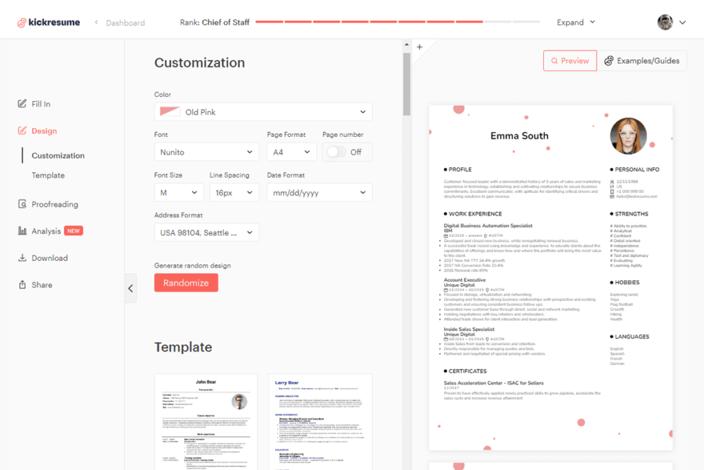 Kickresume interface.