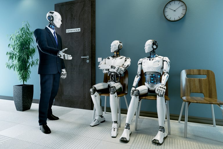 Robotic humanoid AI waiting for a job interview from a robotic humanoid AI hiring manager.