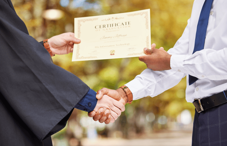 Shaking hands, graduation and certificate for college student with congratulations