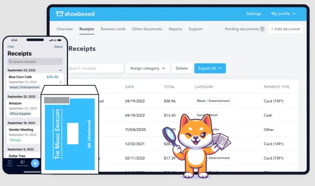 Shoeboxed provides multiple receipt management options through its mobile uploads and cloud storage, as well as its signature Magic Envelope service for mailed receipts.
