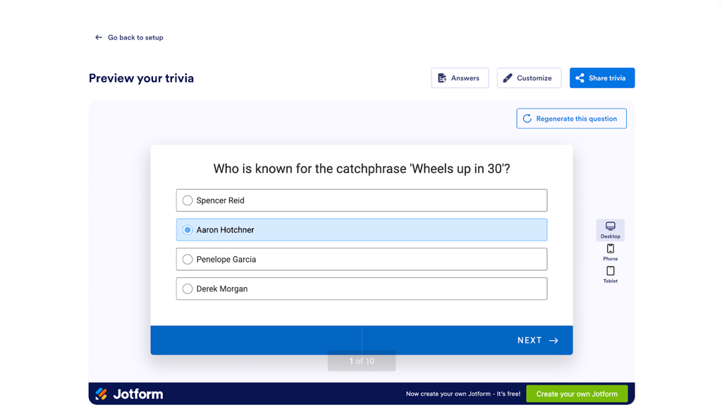 JotFire's Travia Generator creates numerous selection questions with options for viewing, recovering questions, and sharing quizzes.
