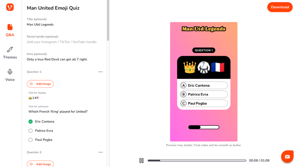 Travia allows users to create custom video quiz with emoji -based questions, multiple selective answers, and direct preview functionality for trivia content for social media.