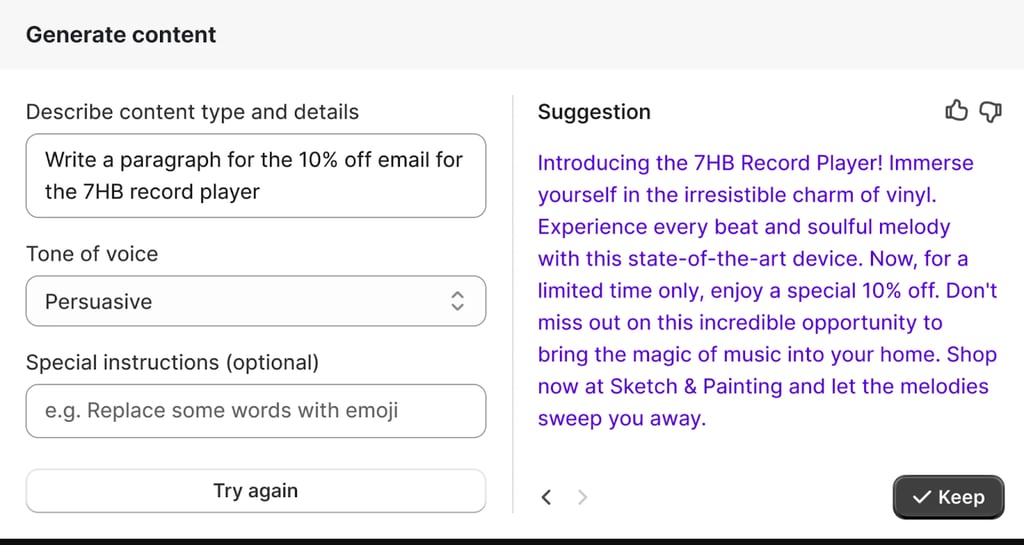Shopify Magic is an AI-powered content generation tool that helps merchants create product descriptions, emails, and marketing copy tailored to their brand voice and tone.