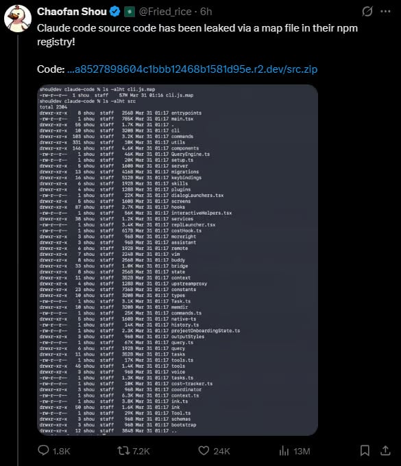 X post from Chaofan Shou about the leaked source code.
