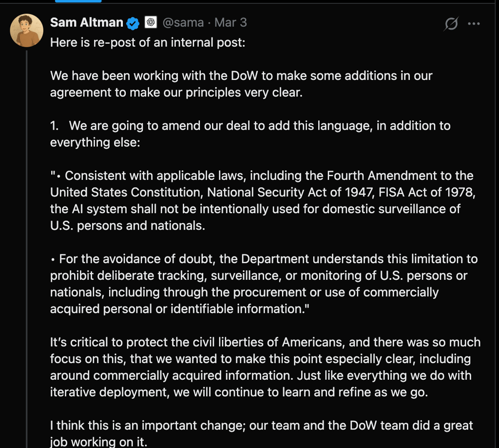Sam Altman's post about the agreement.